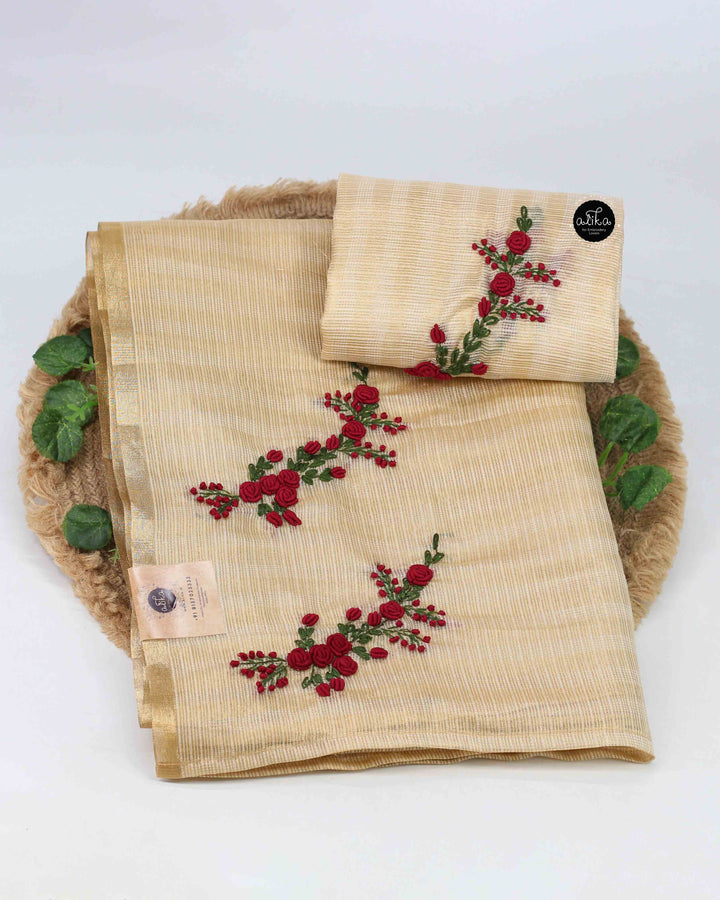 Gold Tissue Saree with Maroon Floral Hand Embroidery