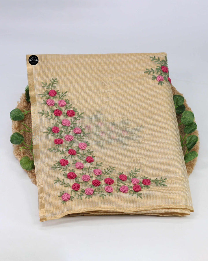 Gold Tissue Saree with Floral Hand Embroidery