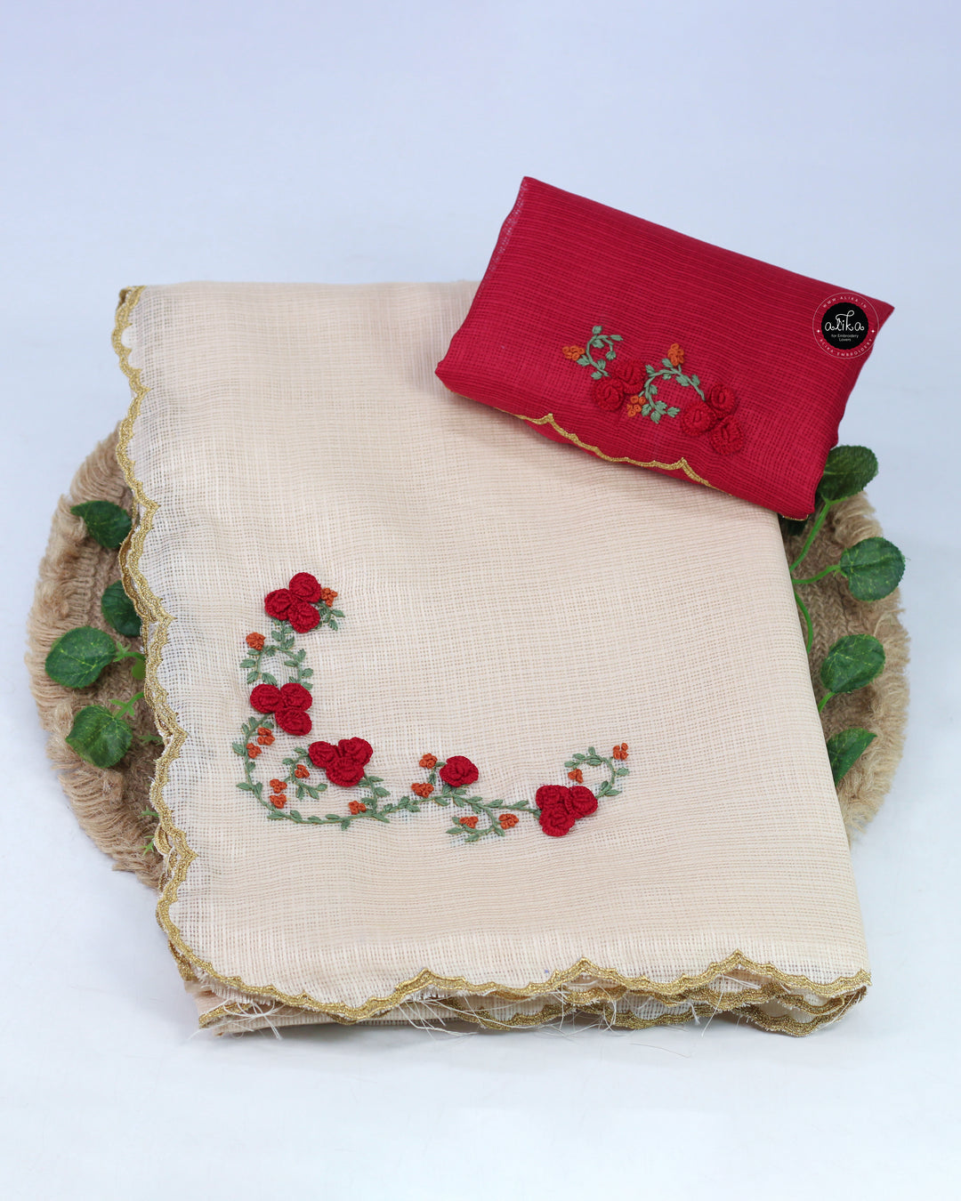 Beige Silky Kota Saree with Floral Hand Embroidery &amp; Golden Scalloped Border