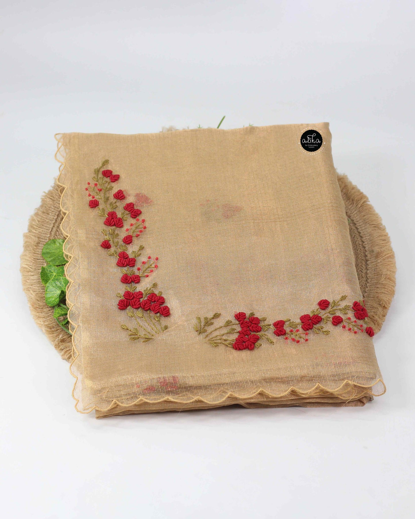 Pure Golden Tissue Saree with Red Floral Hand Embroidery