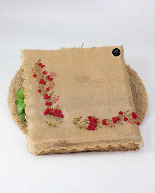 Pure Golden Tissue Saree with Red Floral Hand Embroidery