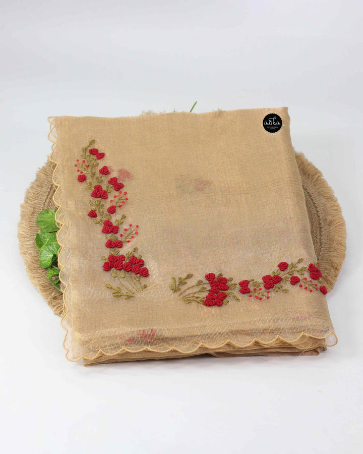Pure Golden Tissue Saree with Red Floral Hand Embroidery