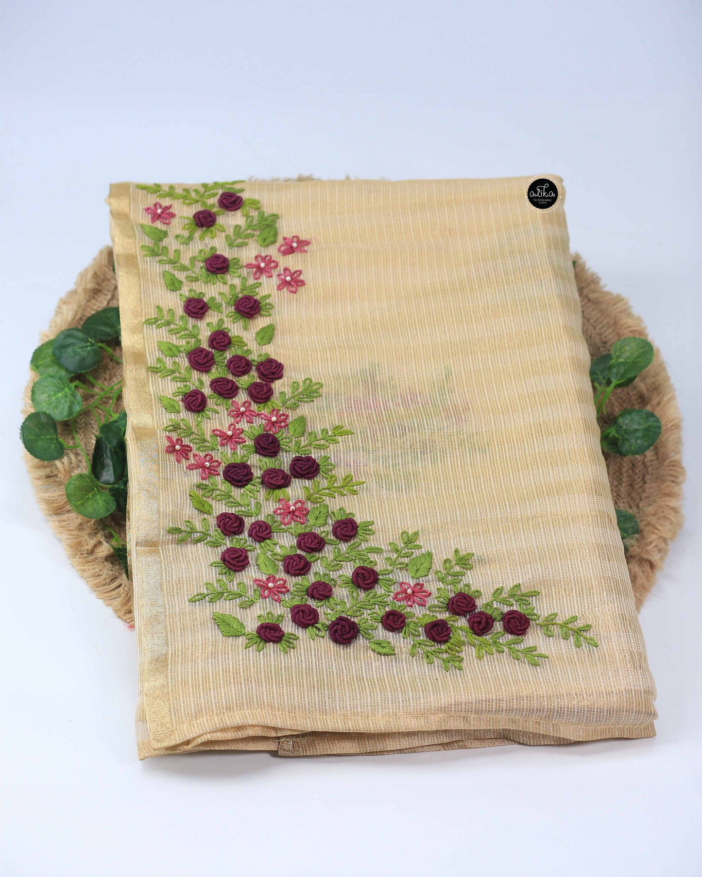 Semi Tissue Saree with Floral Hand Embroidery
