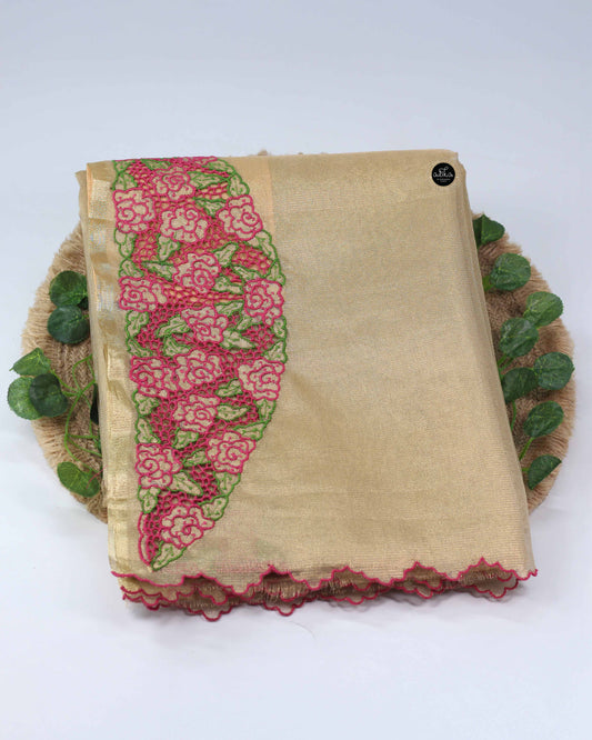 Golden Tissue Saree with Floral Cutwork