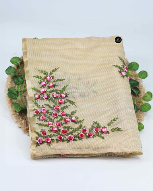 Cream Semi-Tissue Saree with Floral Hand Embroidery – Premium Ethnic Wear