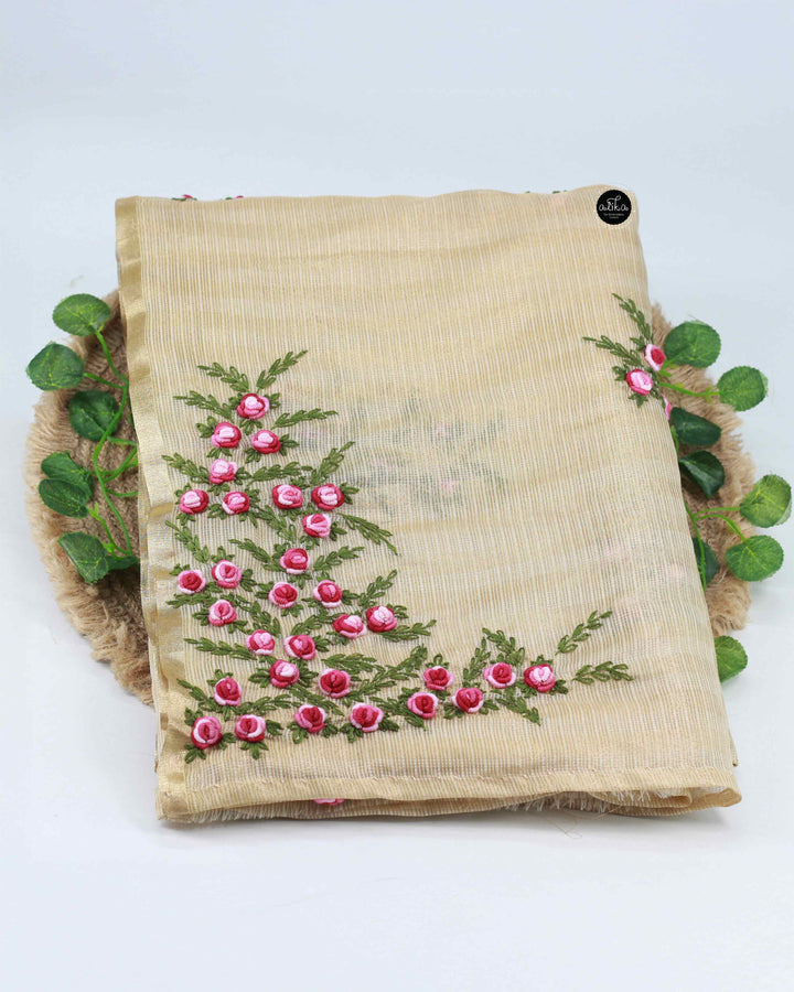 Gold Semi-Tissue Saree with Floral Hand Embroidery