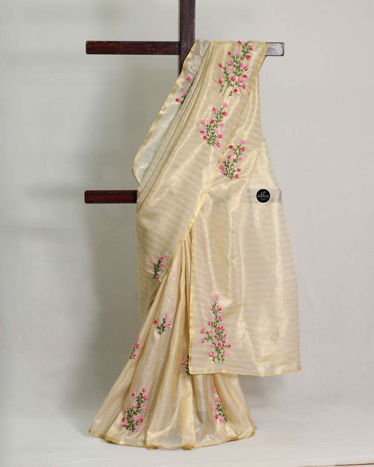 Cream Semi Tissue Saree with Floral Hand Embroidery & Bead Work