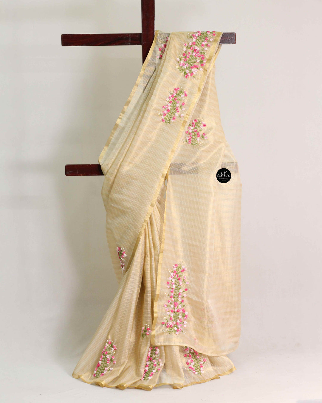 Gold Semi Tissue Saree with Floral Hand Embroidery