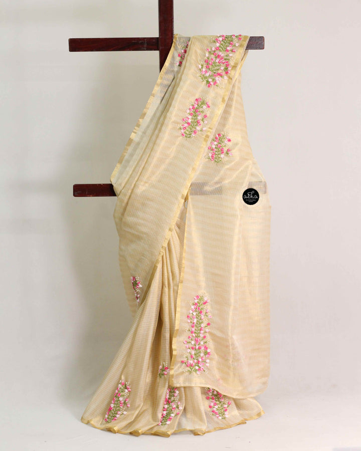 Gold Semi Tissue Saree with Floral Hand Embroidery