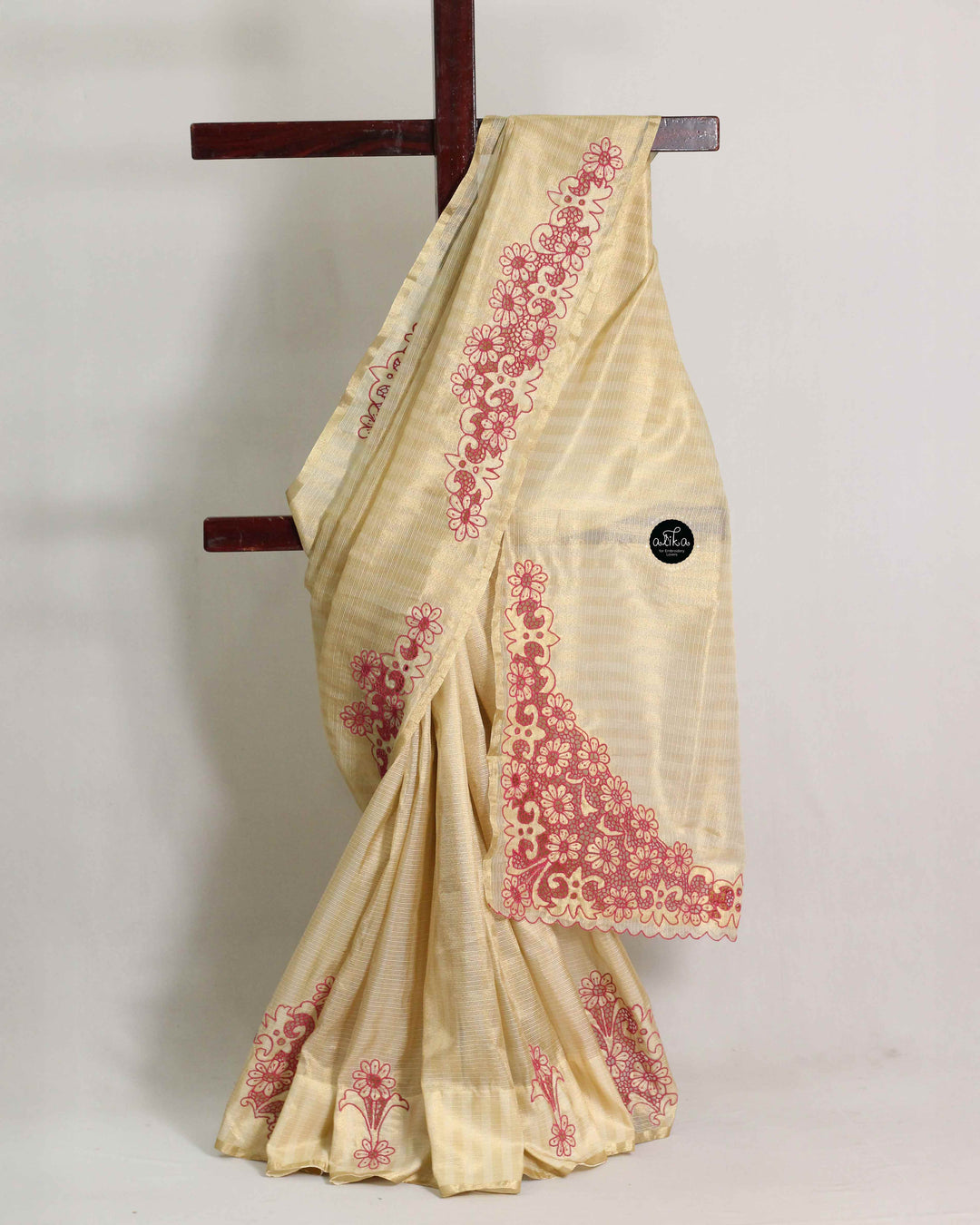 Gold Semi Tissue Saree with Floral Cut Work