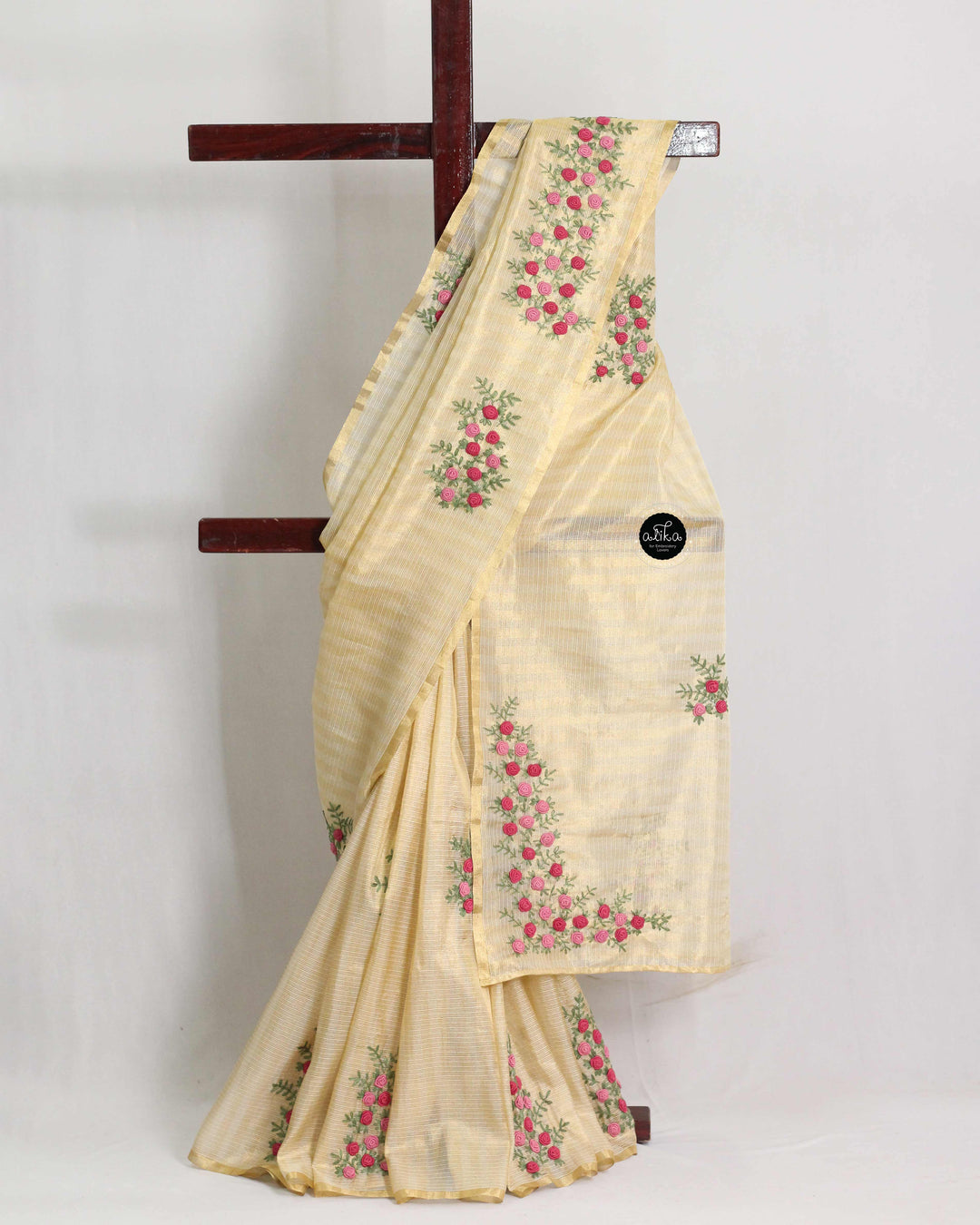 Gold Tissue Saree with Floral Hand Embroidery