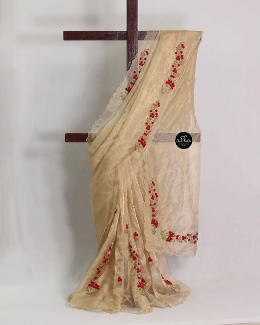 Pure Golden Tissue Saree with Red Floral Hand Embroidery