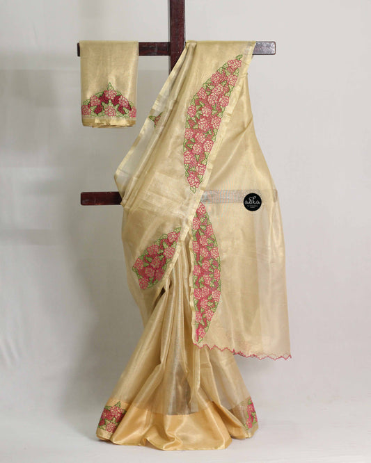 Golden Tissue Saree with Floral Cutwork