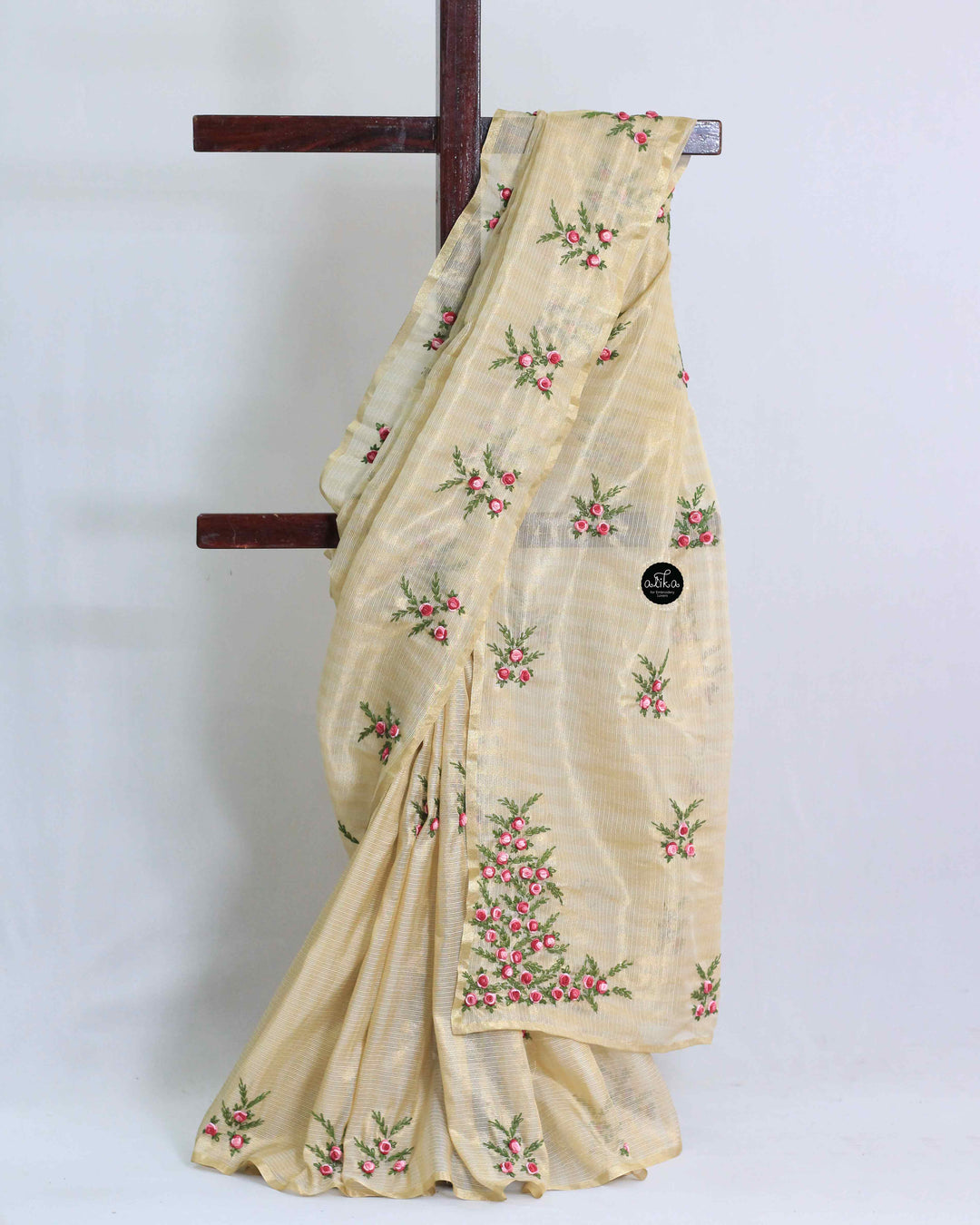 Gold Semi-Tissue Saree with Floral Hand Embroidery