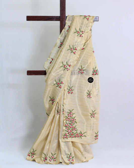 Cream Semi-Tissue Saree with Floral Hand Embroidery – Premium Ethnic Wear