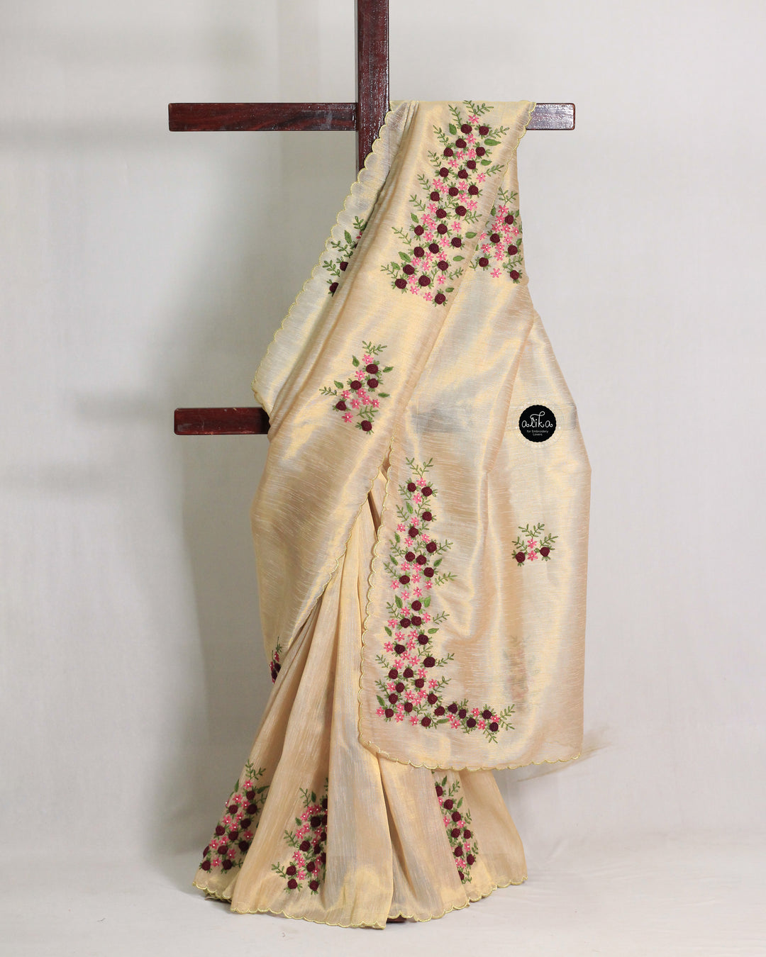 Gold Designer Silk Saree with Floral Hand Embroidery