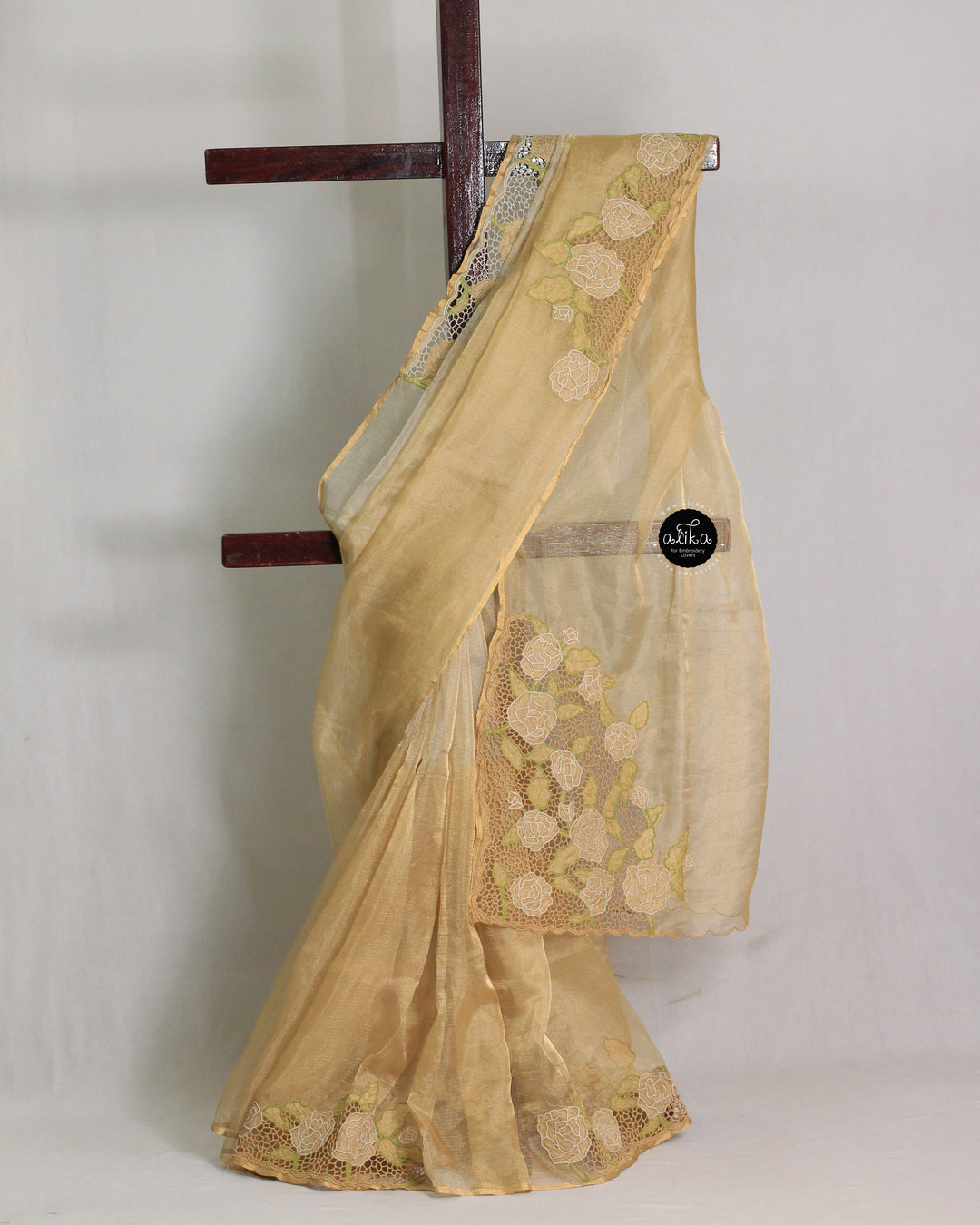 PURE DOUBLE SHADED GOLDEN TISSUE SAREE WITH FLORAL TWINE CUTWORK