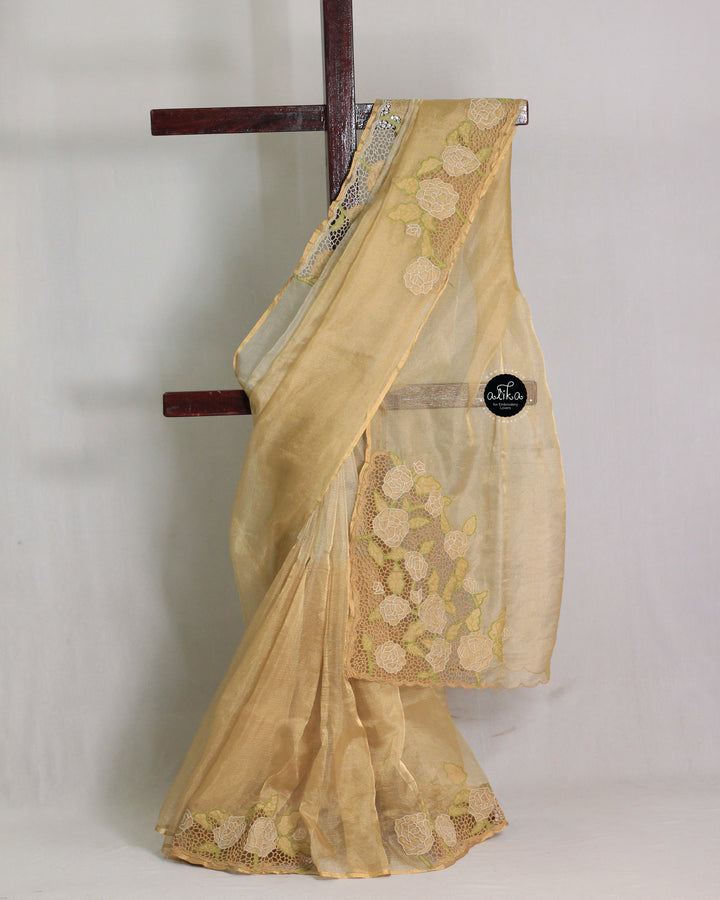 PURE DOUBLE SHADED GOLDEN TISSUE SAREE WITH FLORAL TWINE CUTWORK
