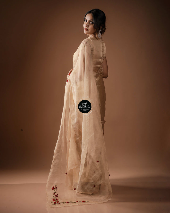 Pure golden tissue Saree with floral hand embroidery