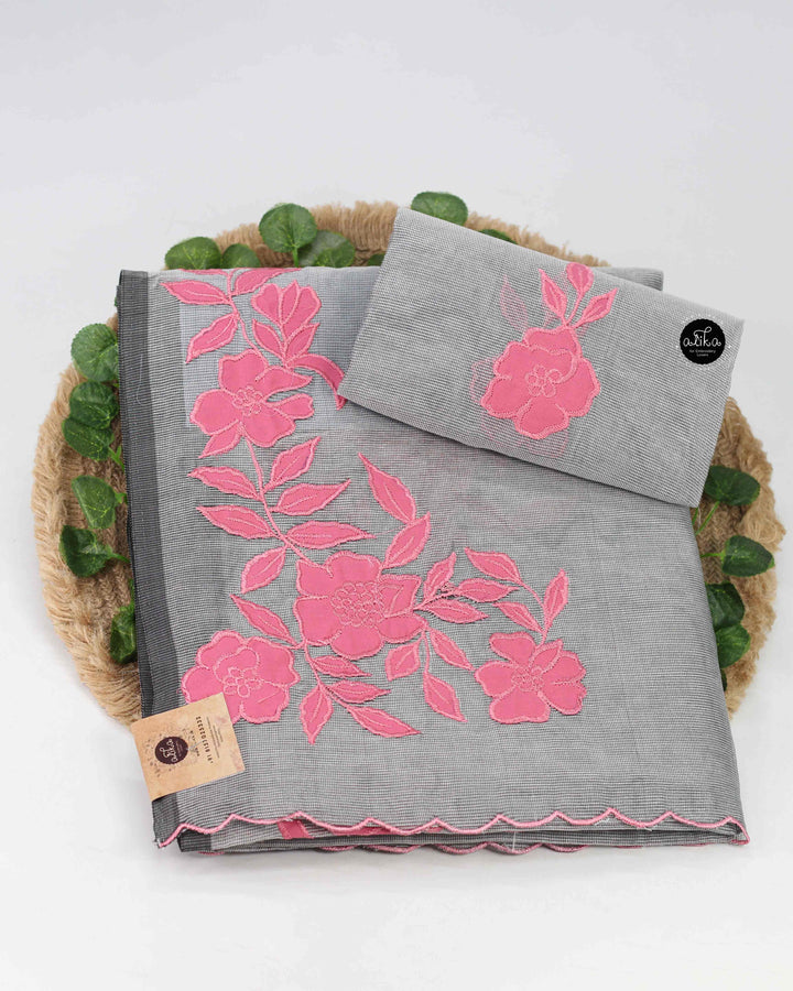 Light Gray Kota Saree with Floral Applique Work