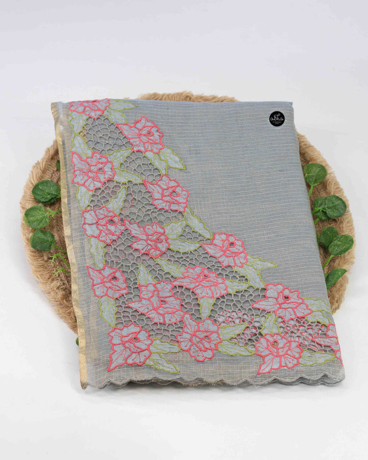 Tissue Saree with Floral Twine Cutwork Embroidery