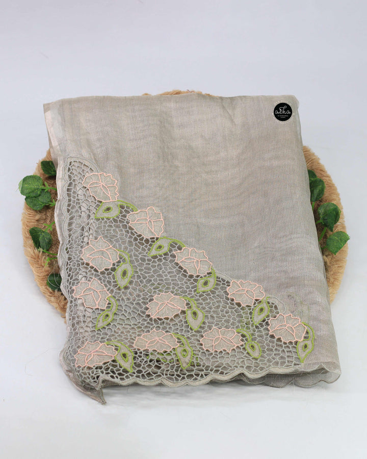 Pure Silver Tissue Saree with Floral Twine Cutwork