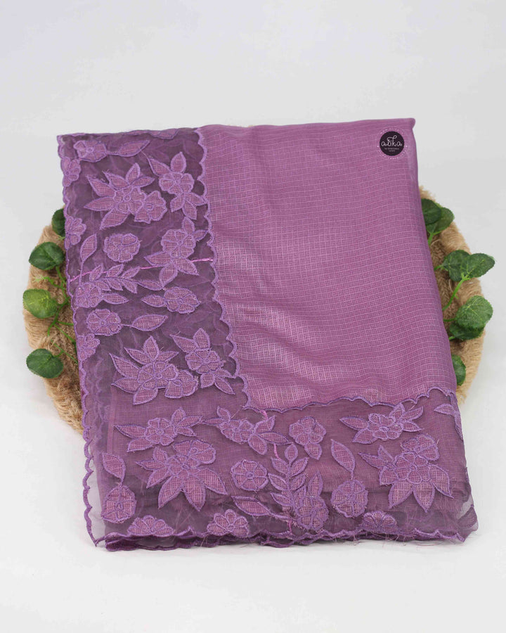 Lilac Silky Kota Saree with Floral Appliqué Border