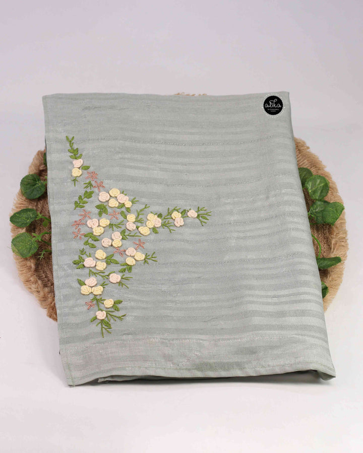 Gray Semi Silk Saree with Floral Hand Embroidery
