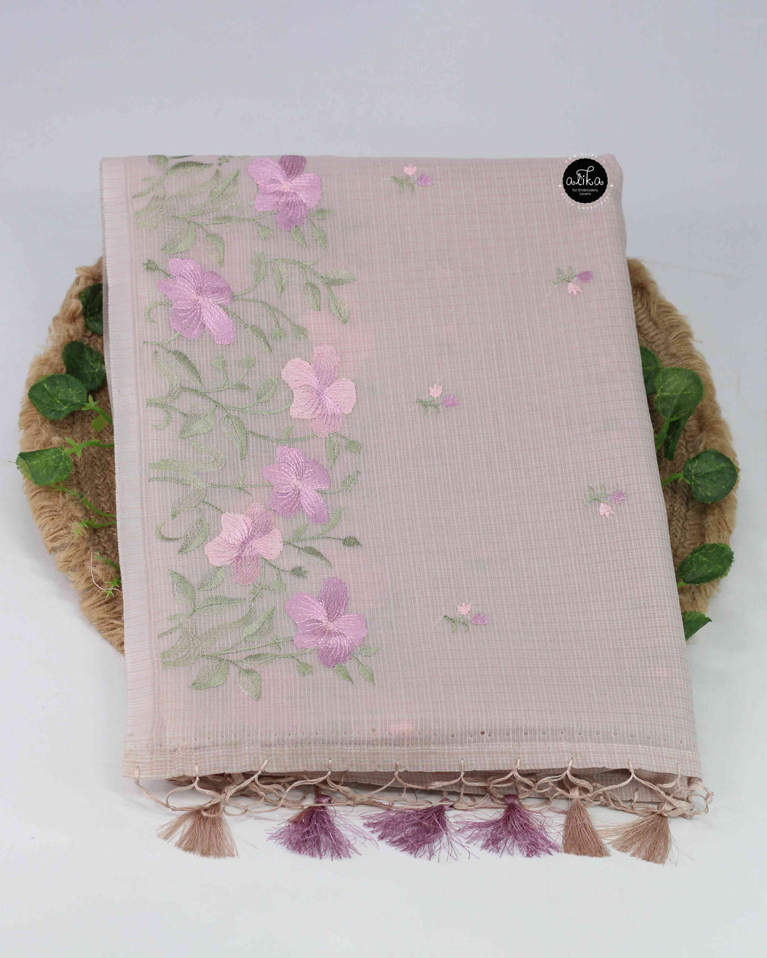 Champagne Pink Silky Kota Saree with Floral Machine Embroidery