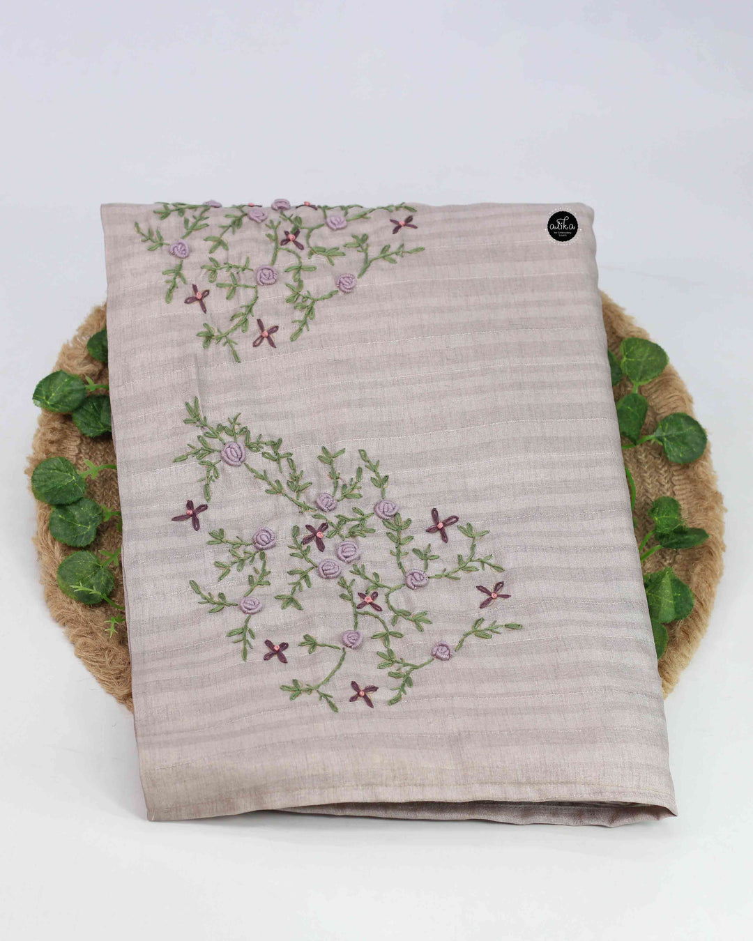 Gray Designer Silk Saree with Floral Hand Embroidery