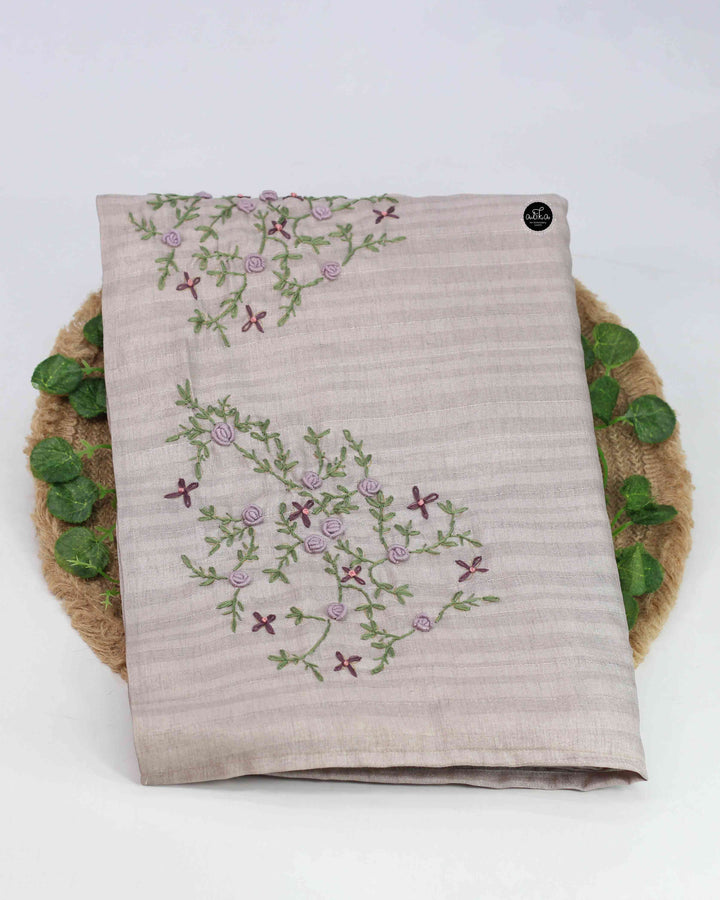 Gray Designer Silk Saree with Floral Hand Embroidery