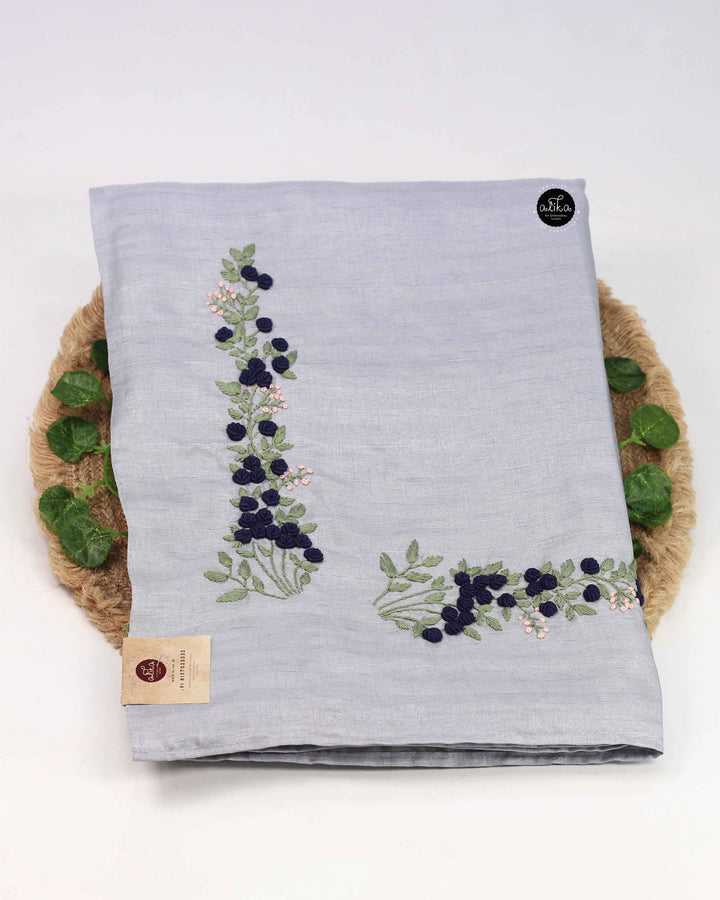 Light Blue Grey Designer Silk Saree with Floral Hand Embroidery