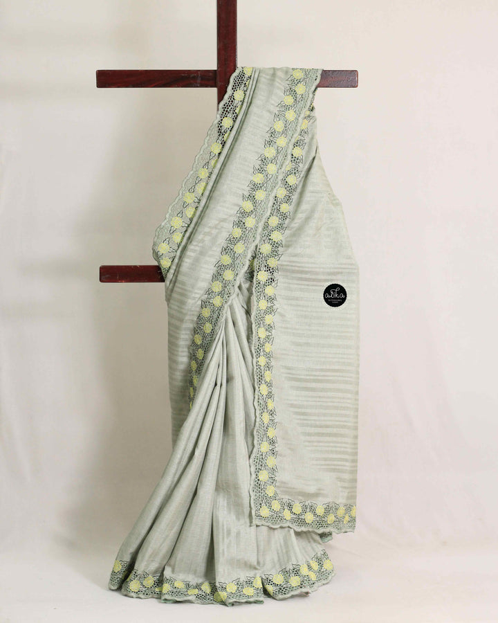 Sage Green Semi Silk Saree with Floral Cutwork Border