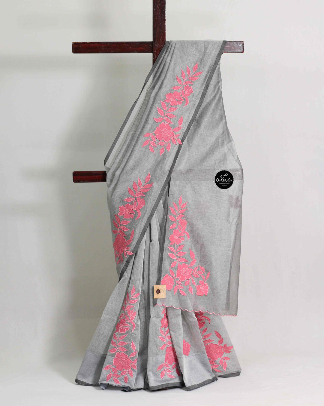 Light Gray Kota Saree with Floral Applique Work