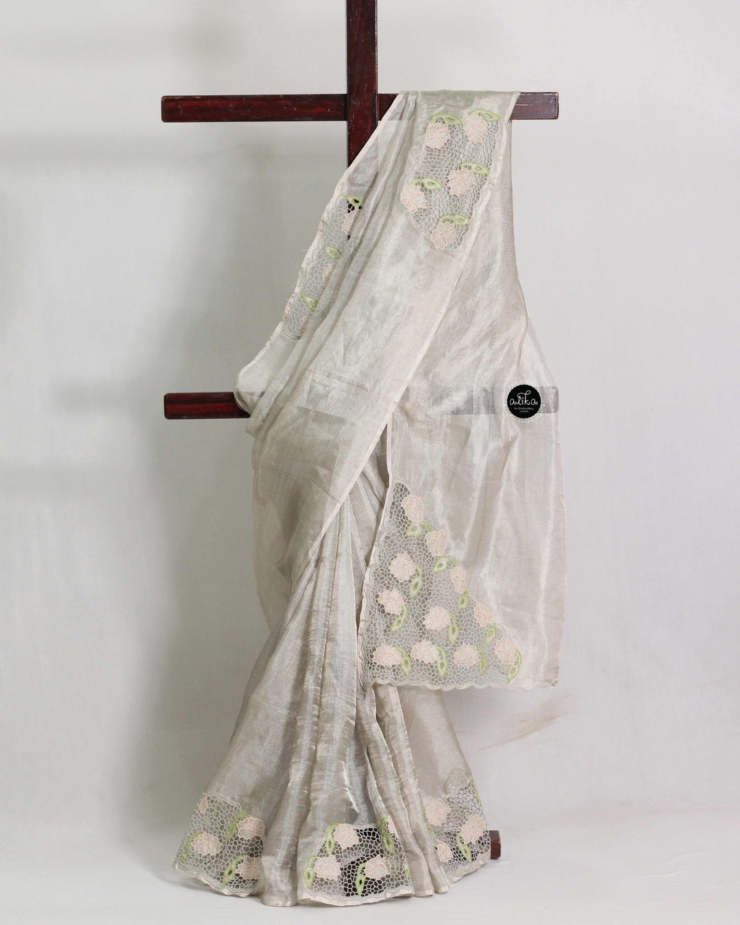 Pure Silver Tissue Saree with Floral Twine Cutwork