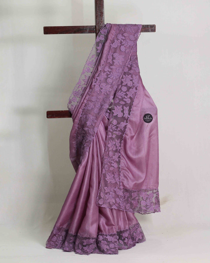 Lilac Silky Kota Saree with Floral Appliqué Border