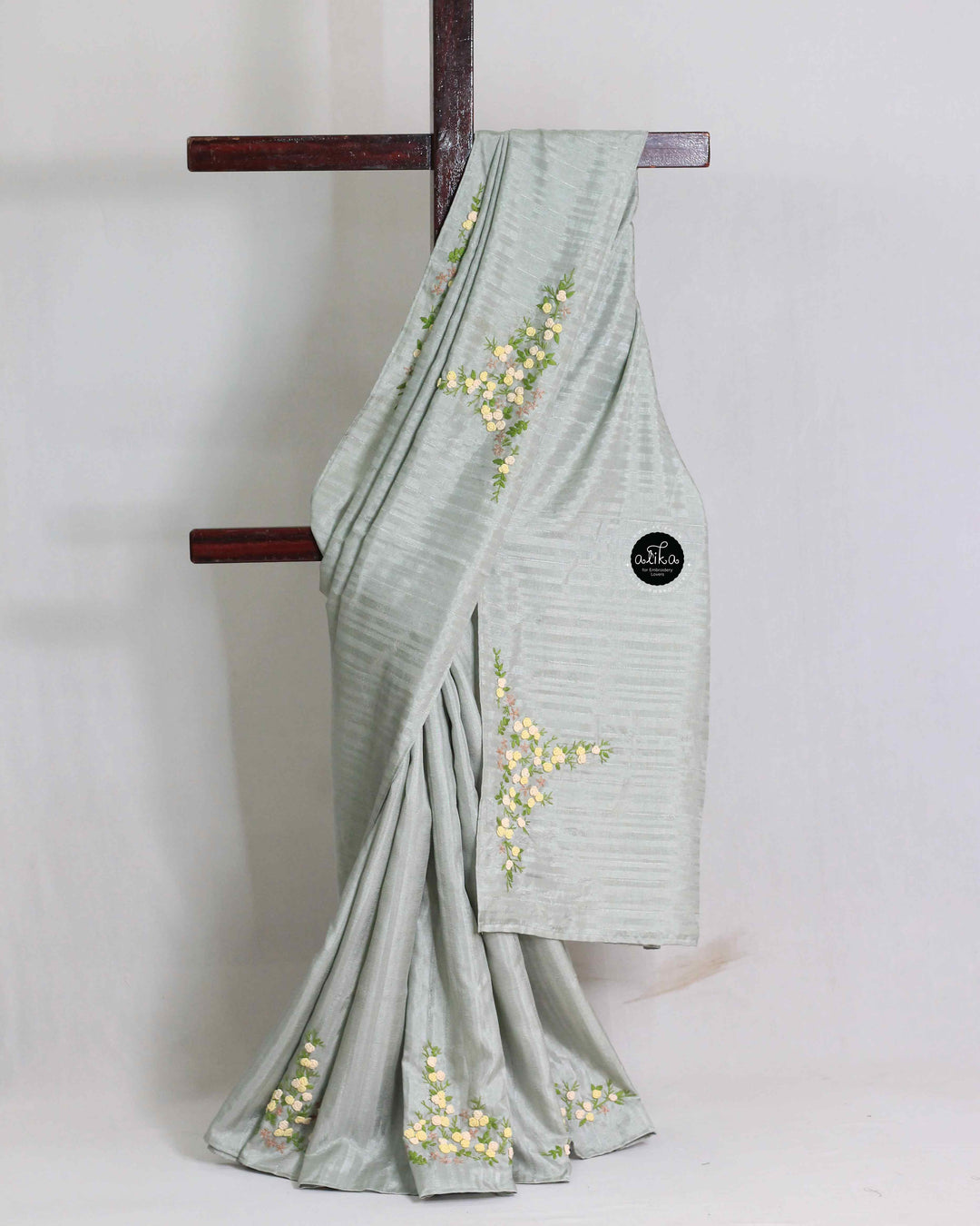 Gray Semi Silk Saree with Floral Hand Embroidery