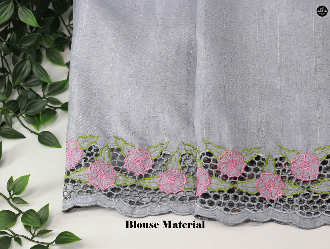 Light Gray Semi Silk Saree with Full Border Cutwork