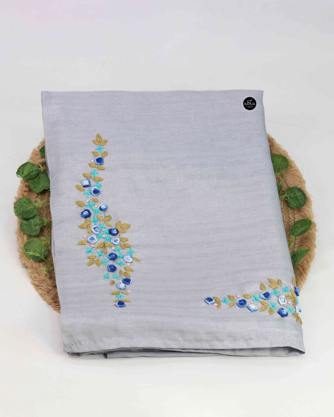 Light Blue-Gray Designer Saree with Floral Hand Embroidery