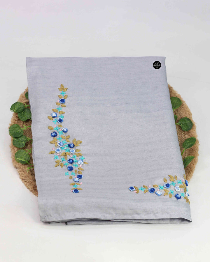 Light Blue-Gray Designer Saree with Floral Hand Embroidery