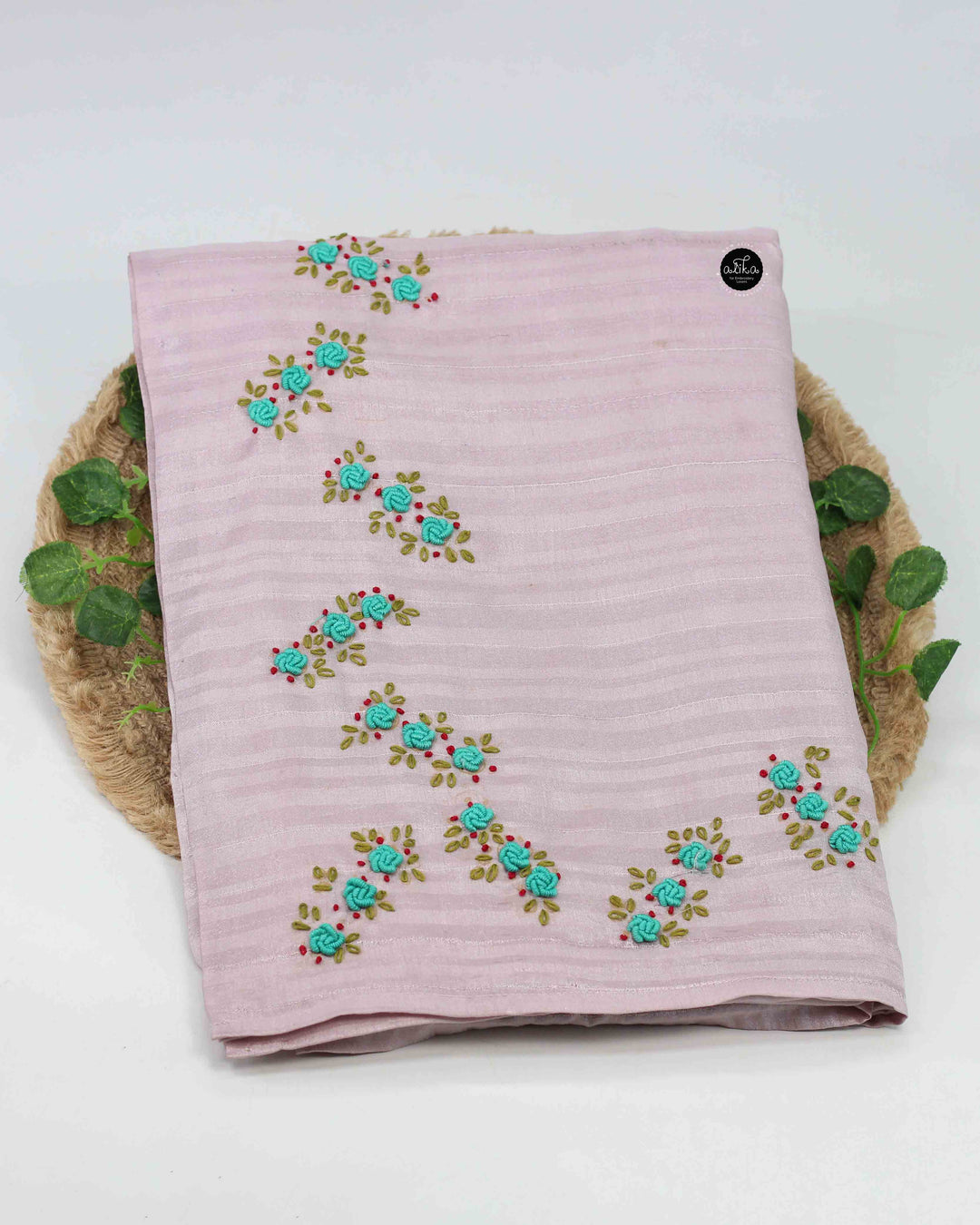 Lavender Semi Silk Saree with Floral Hand Embroidery