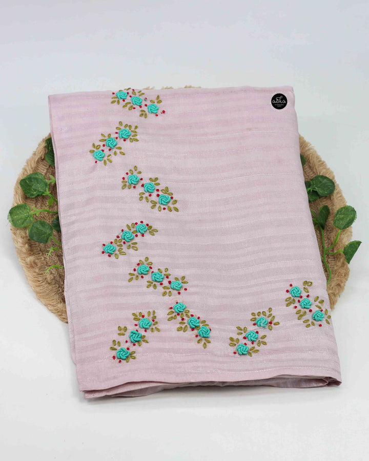 Lavender Semi Silk Saree with Floral Hand Embroidery