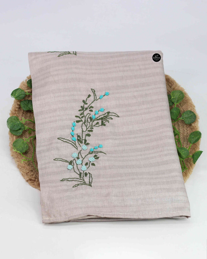Light Gray Designer Silk Saree with Floral Hand Embroidery