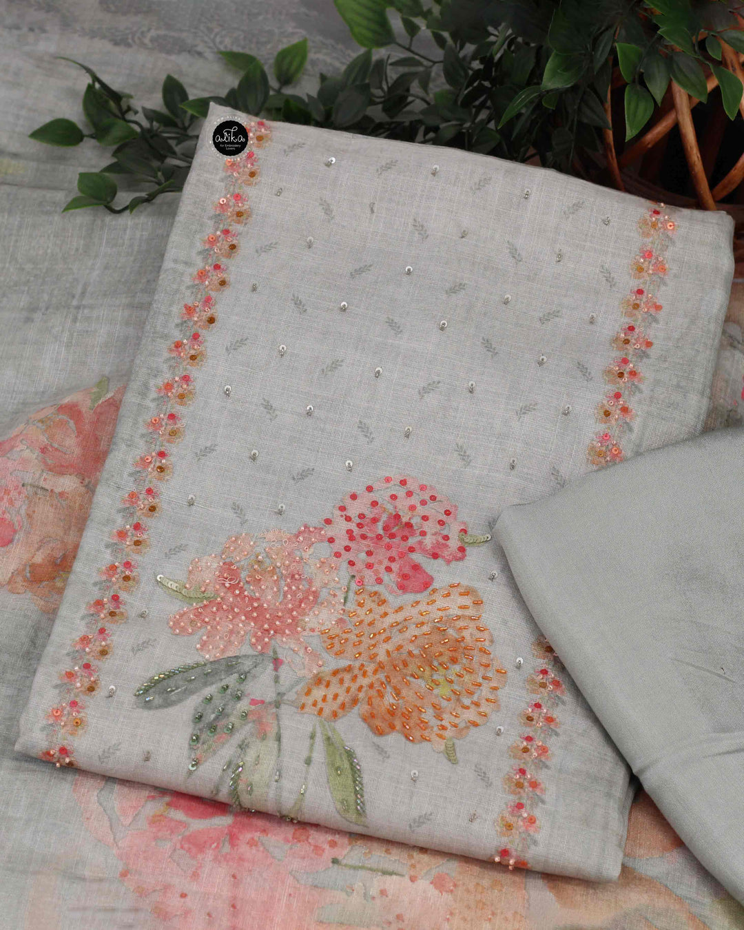Light Sage Green Semi Linen Salwar Set with Floral Prints and Bead Work