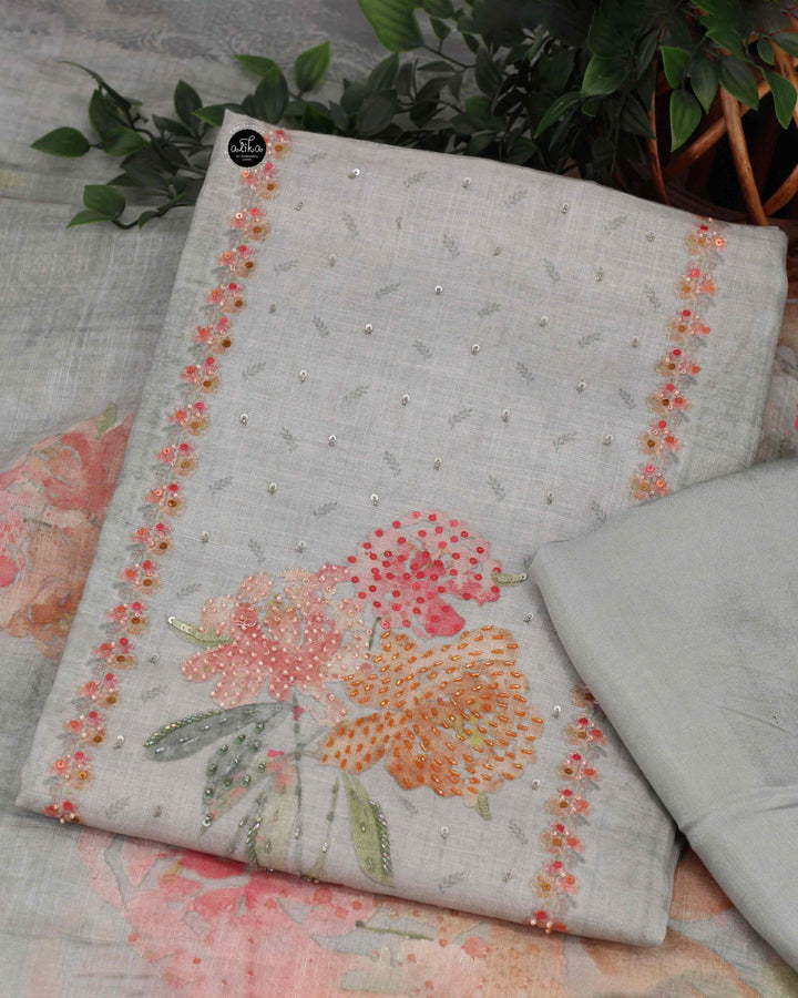 Light Sage Green Semi Linen Salwar Set with Floral Prints and Bead Work