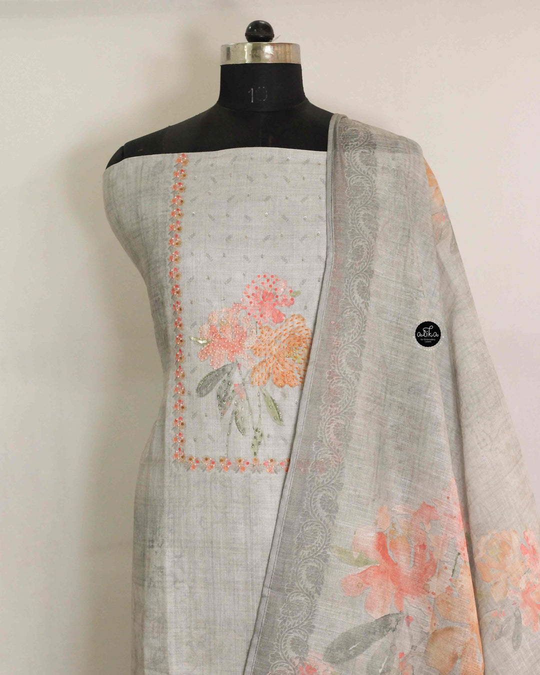 Light Sage Green Semi Linen Salwar Set with Floral Prints and Bead Work