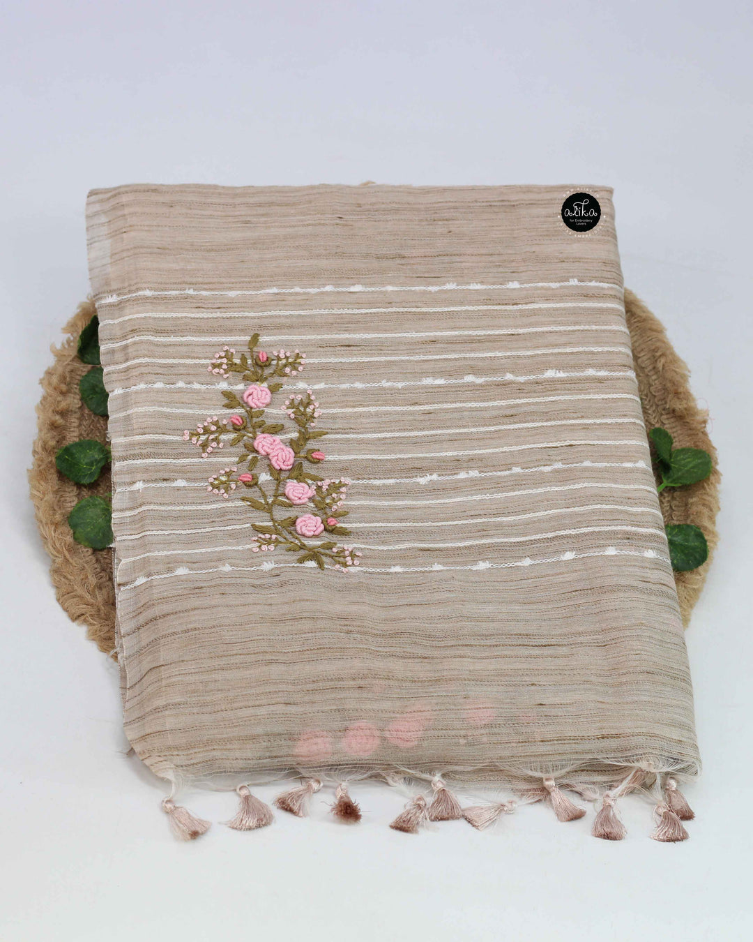 Champagne Beige Bamboo Silk Saree with Floral Hand Embroidery