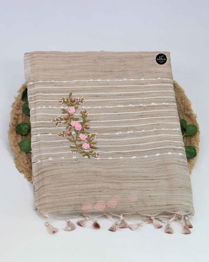 Champagne Beige Bamboo Silk Saree with Floral Hand Embroidery