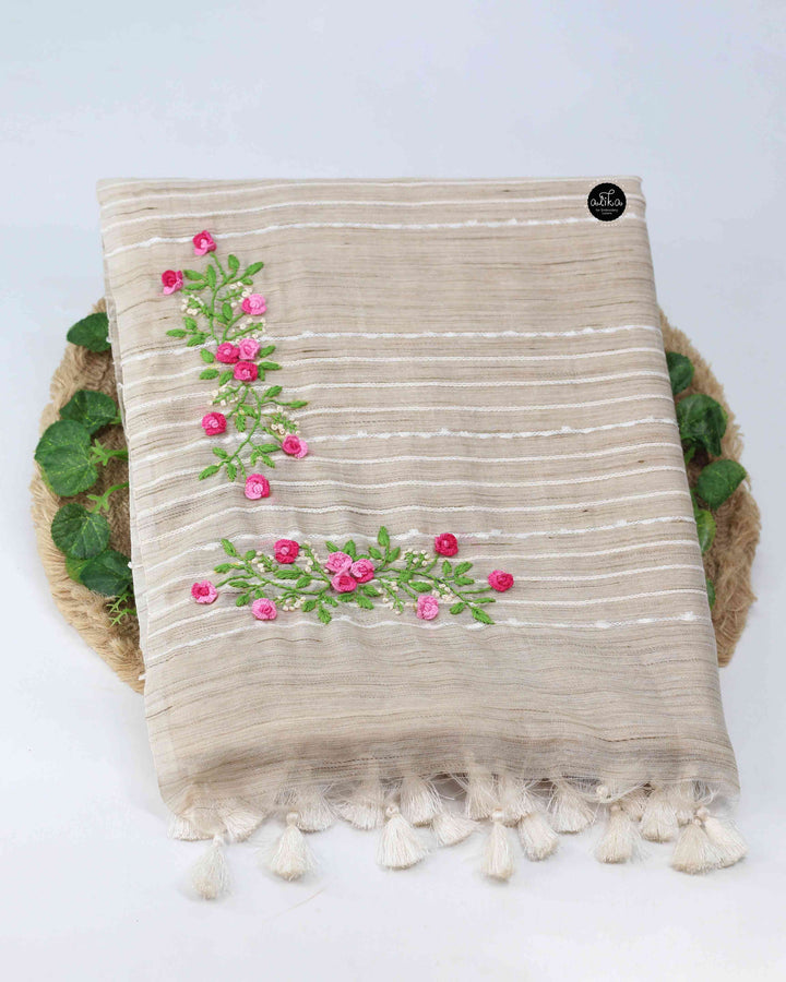 Beige Semi Linen Saree with Floral Hand Embroidery