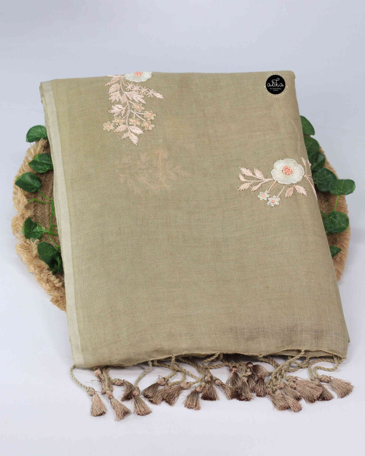 Light Olive Green Pure Linen Saree with Floral Embroidery